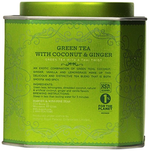 Harney and Sons Green Tea with Coconut , Flavored Green 30 Sachets per Tin, 2.67 oz