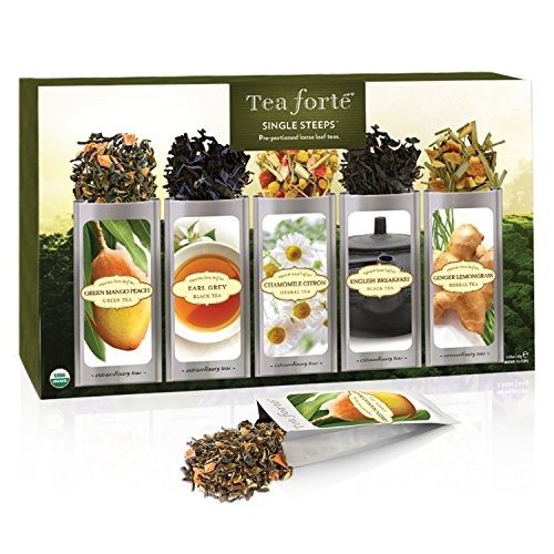 Tea Forte Classic SINGLE STEEPS Loose Leaf Tea Sampler, 15 Single Serve Pouches – Green Tea, Herbal Tea, Black Tea