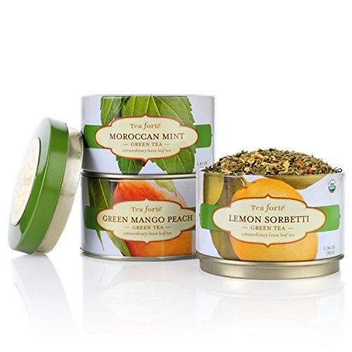 Tea Forte LOOSE LEAF TEA TRIO, 3 Small Tea Tins, Green Tea Sampler – Lemon Sorbetti, Moroccan Mint, Green Mango Peach