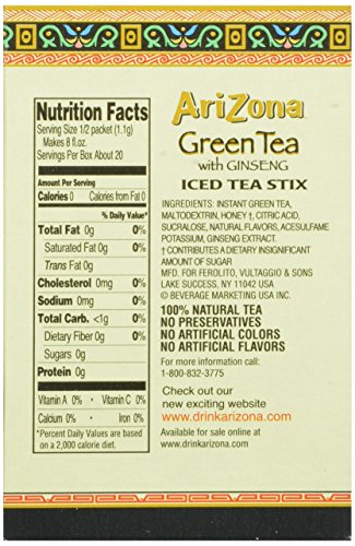 AriZona Green Tea with Ginseng Sugar Free Iced Tea Stix, 10 Count, (Pack of 6)