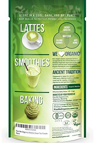 Kiss Me Organics – Matcha Green Tea Powder – ORGANIC – All Day Energy – Green Tea Lattes – Smoothies – Baking – Improved Hair & Skin Health- Metabolism Boost – Antioxidant Rich – Now From Japan!