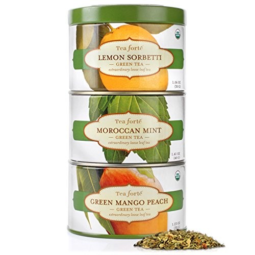 Tea Forte LOOSE LEAF TEA TRIO, 3 Small Tea Tins, Green Tea Sampler – Lemon Sorbetti, Moroccan Mint, Green Mango Peach