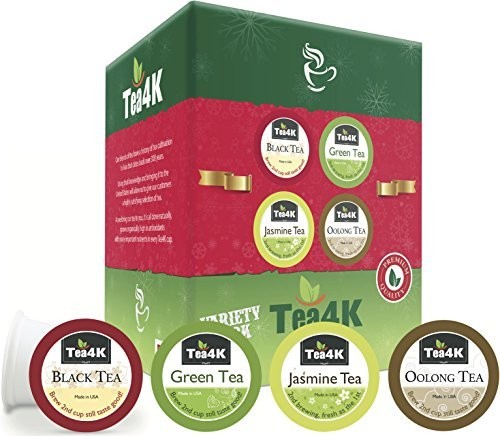 36 Count Tea4k Variety Tea Christmas Pack Single Serve Cups for Keurig K-Cup Brewer includes Black Tea / Green Tea / Jasmine Tea / Oolong Tea, Gluten Free, Non-GMO Certified, Made in USA