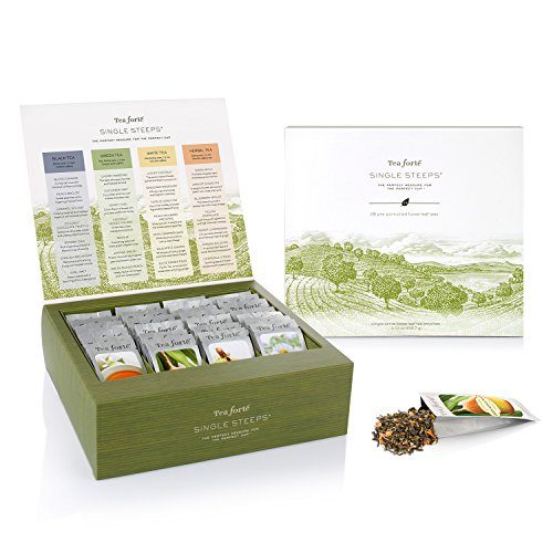 Tea Forté SINGLE STEEPS Loose Leaf TEA CHEST, 28 Different Single Serve Pouches – Black Tea, Green Tea, White Tea, Herbal Tea