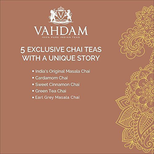 VAHDAM Masala Chai Tea Sampler – 5 EXOTIC TEAS – India’s Original Masala Chai, Cardamom Chai, Cinnamon Spice Chai, Earl Grey Chai, Green Tea Chai – 25 Servings, Packed & Shipped from India, 1.76oz